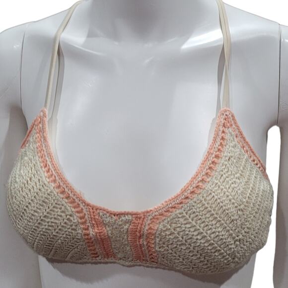 Xhilaration Crochet Bikini Top Medium Boho Embroidered Neutral Peach Trim - Picture 6 of 8